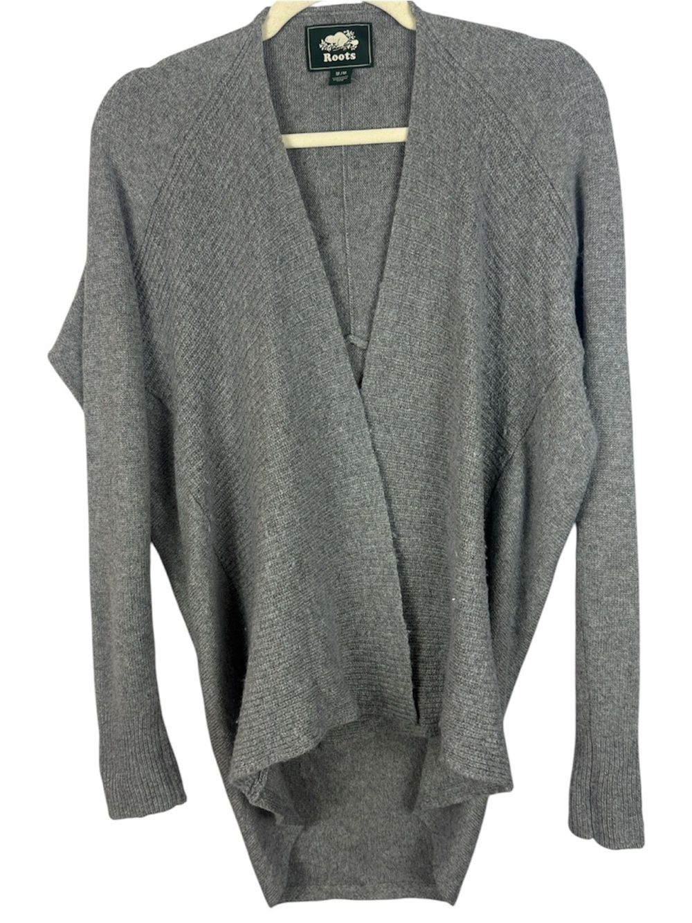Roots Heather Grey Lambs Wool Cashmere Blend Cocoon Draped Cardigan Sweater Med